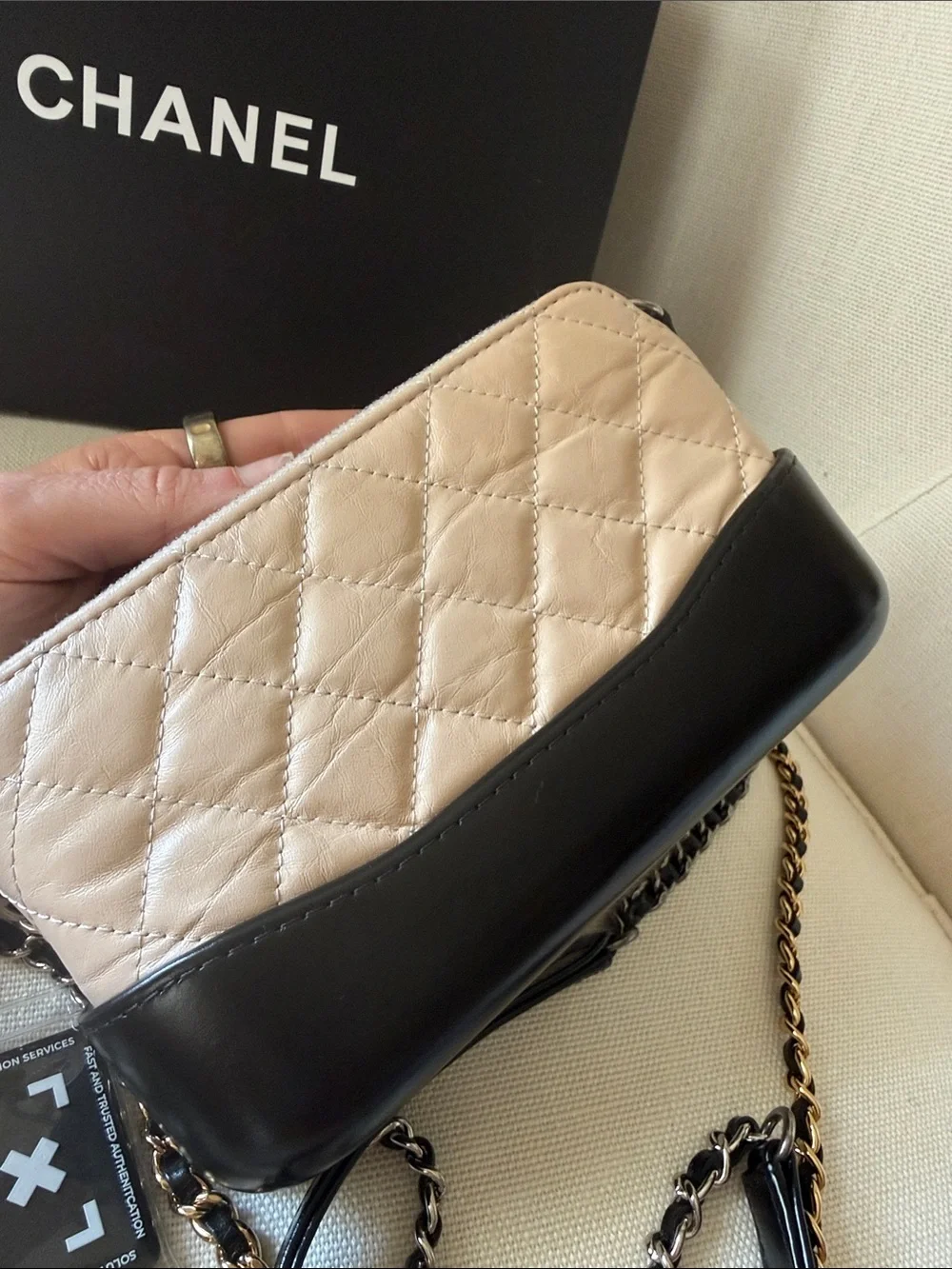 CHANEL Gabrielle aged calfskin Leather Crossbody Clutch w/ two tone chain Strap
